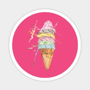 Melting Ice Cream Delight - Handpainted Watercolor Sugar Cones with Soft Serve Icecream Magnet